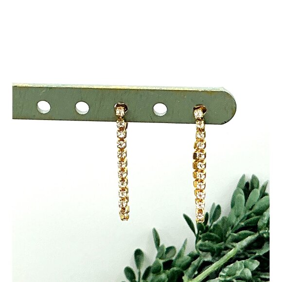 Gold Tone with Rhinestone Bar Chain Hoop Earrings - Picture 2 of 5